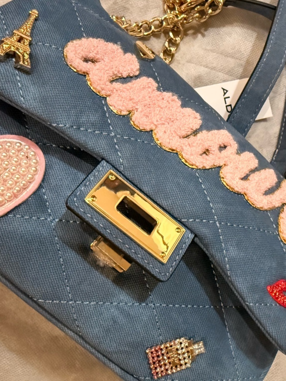 ALDO Blue 'Amour' Embellished Quilted Denim Shoulder Bag - Picture 8 of 8